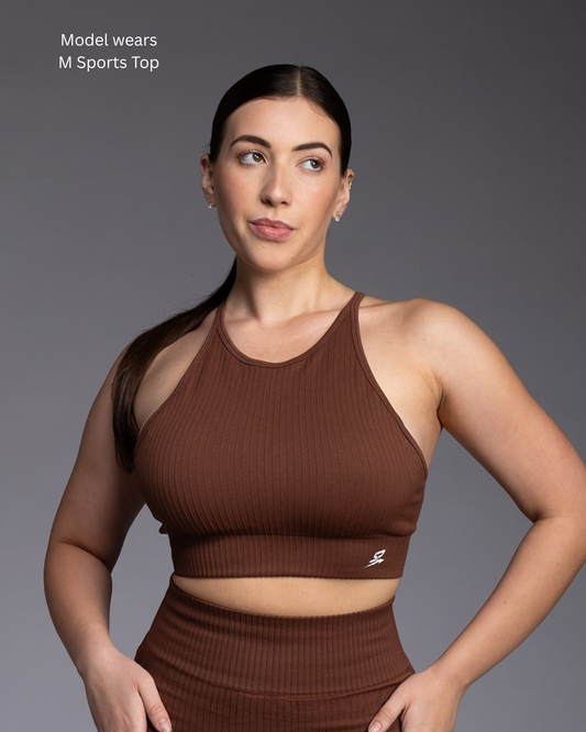 STRYD Performance Glow sports top in Chestnut — front view. Women's premium gym top Sunshine Coast QLD Australia.