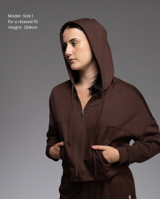 Soul Soft Cropped Zip Hoodie – women's premium athleisure hoodie with panelling detail | STRYD Performance Espresso Colourway