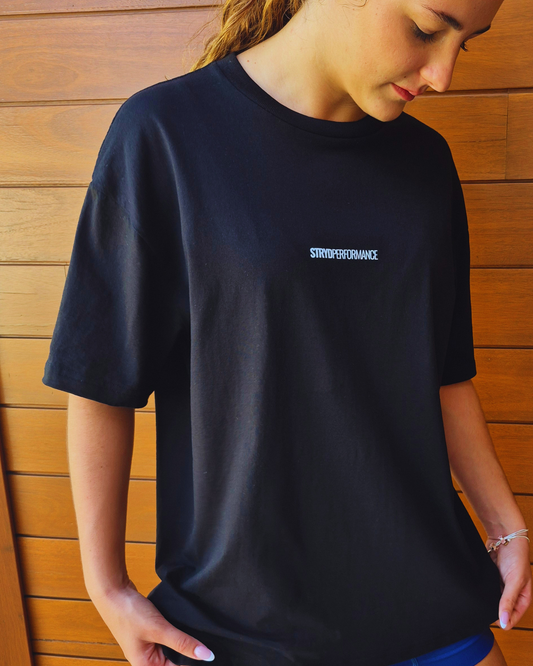 STRYD Performance I Like It Loose oversized unisex black block tee – side view gym and street style t-shirt. Sunshine coast QLD Australia