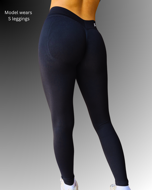 STRYD Performance Peaches scrunch leggings in Black — back view. Women's high-definition scrunch tights.