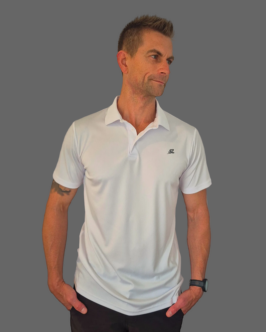 White sweat wicking quality Polo for casual wear, golf games and Tennis, crisp white minimal logos for a classy clean look on the green or the court or in the clubhouse.