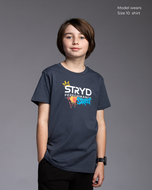 STRYD Performance Street Kid youth tee in Steel Blue — front view. Kids' premium activewear tee Sunshine Coast QLD Australia.