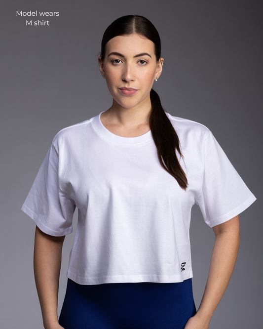 STRYD Performance Crop It Like Its Hot cropped tee in White — front view. Women's premium cropped activewear tee Australia.