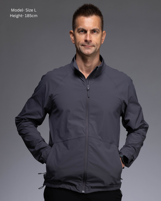 STRYD Performance Axis Tech Jacket – Men's premium gym jacket with athletic close-to-body fit and elastic-bound sleeves male model  front view Slate colour tech jacket Activewear Sunshine Coast