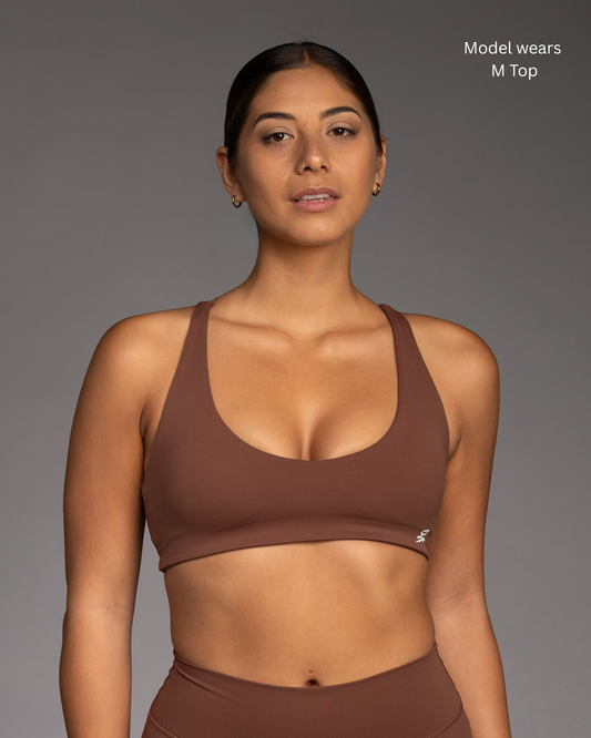 STRYD Performance Aura Flow cross back top in Chocolate — front view. Women's gym cross back top Sunshine Coast QLD Australia