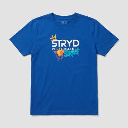 Royal blue Street Kid tee with a chest graphic reading STRYD PERFORMANCE STREET, a crown and paint splatter.