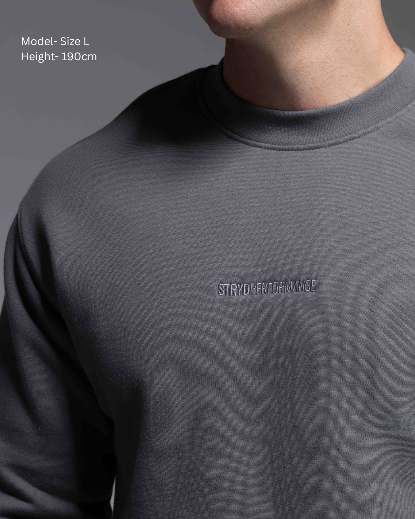 STRYD Performance Elite Unisex Crew in Slate — 320 GSM fleece, relaxed drop-shoulder fit, ribbed cuffs, premium activewear Australia, Sunshine Coast QLD Slate Colour male model Front chest detail view showing embroidered logo shop now free shipping over $150
