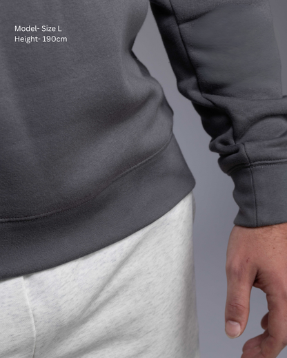 STRYD Performance Elite Unisex Crew in Slate — 320 GSM fleece, relaxed drop-shoulder fit, ribbed cuffs, premium activewear Australia, Sunshine Coast QLD Slate Colour male model close up detail fabric view shop now free shipping over $150