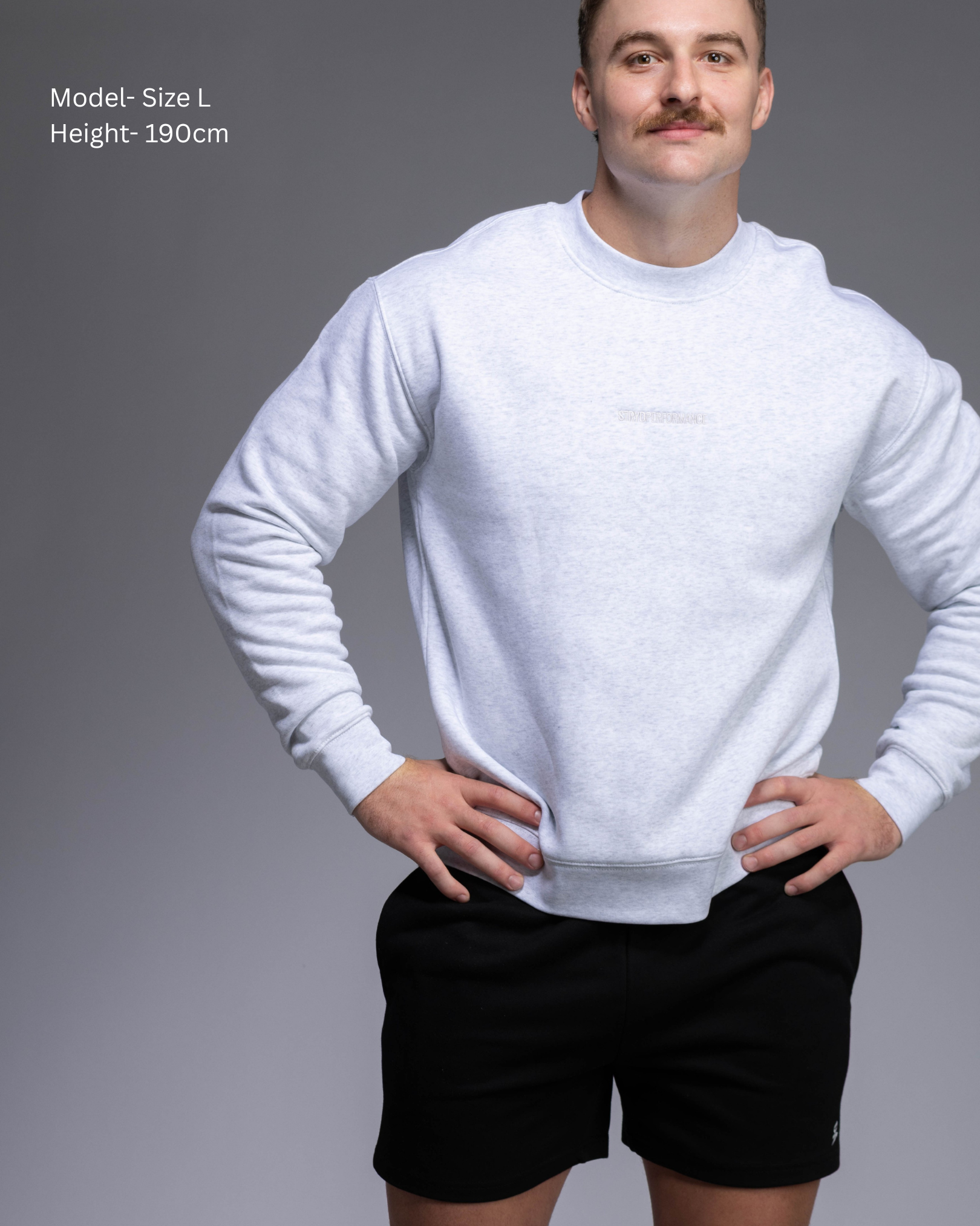 STRYD Performance Elite Unisex Crew in White Marle — 320 GSM fleece, relaxed drop-shoulder fit, ribbed cuffs, premium activewear Australia, Sunshine Coast QLD White Marle Colour Front view on male model shop now free shipping over $150
