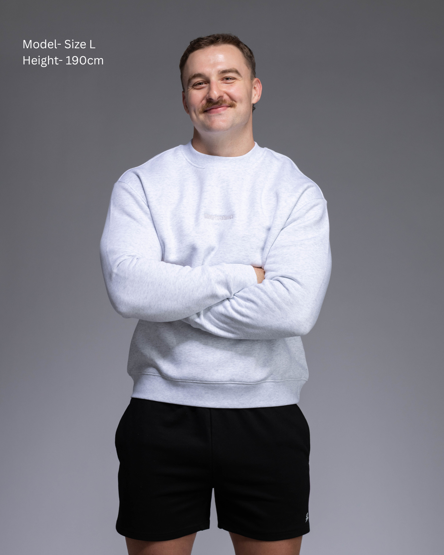 STRYD Performance Elite Unisex Crew in White Marle — 320 GSM fleece, relaxed drop-shoulder fit, ribbed cuffs, premium activewear Australia, Sunshine Coast QLD White Marle Colour Front view on male model shop now free shipping over $150
