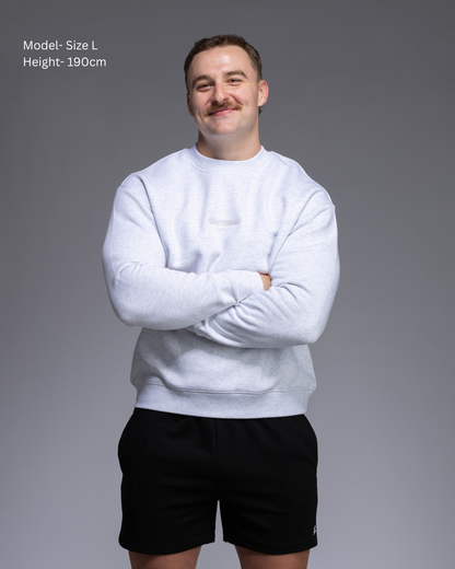 STRYD Performance Elite Unisex Crew in White Marle — 320 GSM fleece, relaxed drop-shoulder fit, ribbed cuffs, premium activewear Australia, Sunshine Coast QLD White Marle Colour Front view on male model shop now free shipping over $150
