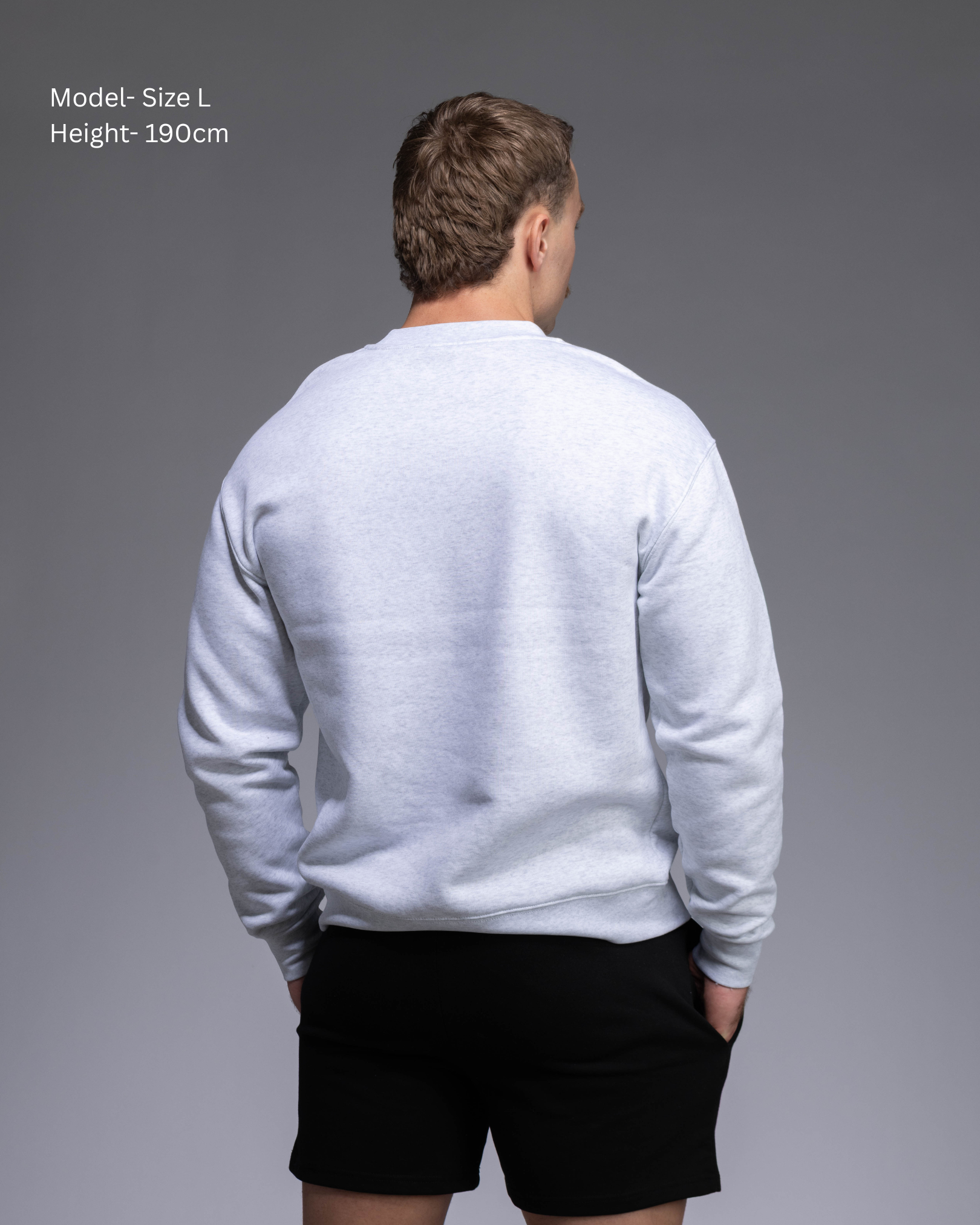 STRYD Performance Elite Unisex Crew in White Marle — 320 GSM fleece, relaxed drop-shoulder fit, ribbed cuffs, premium activewear Australia, Sunshine Coast QLD White Marle Colour back view on male model shop now free shipping over $150
