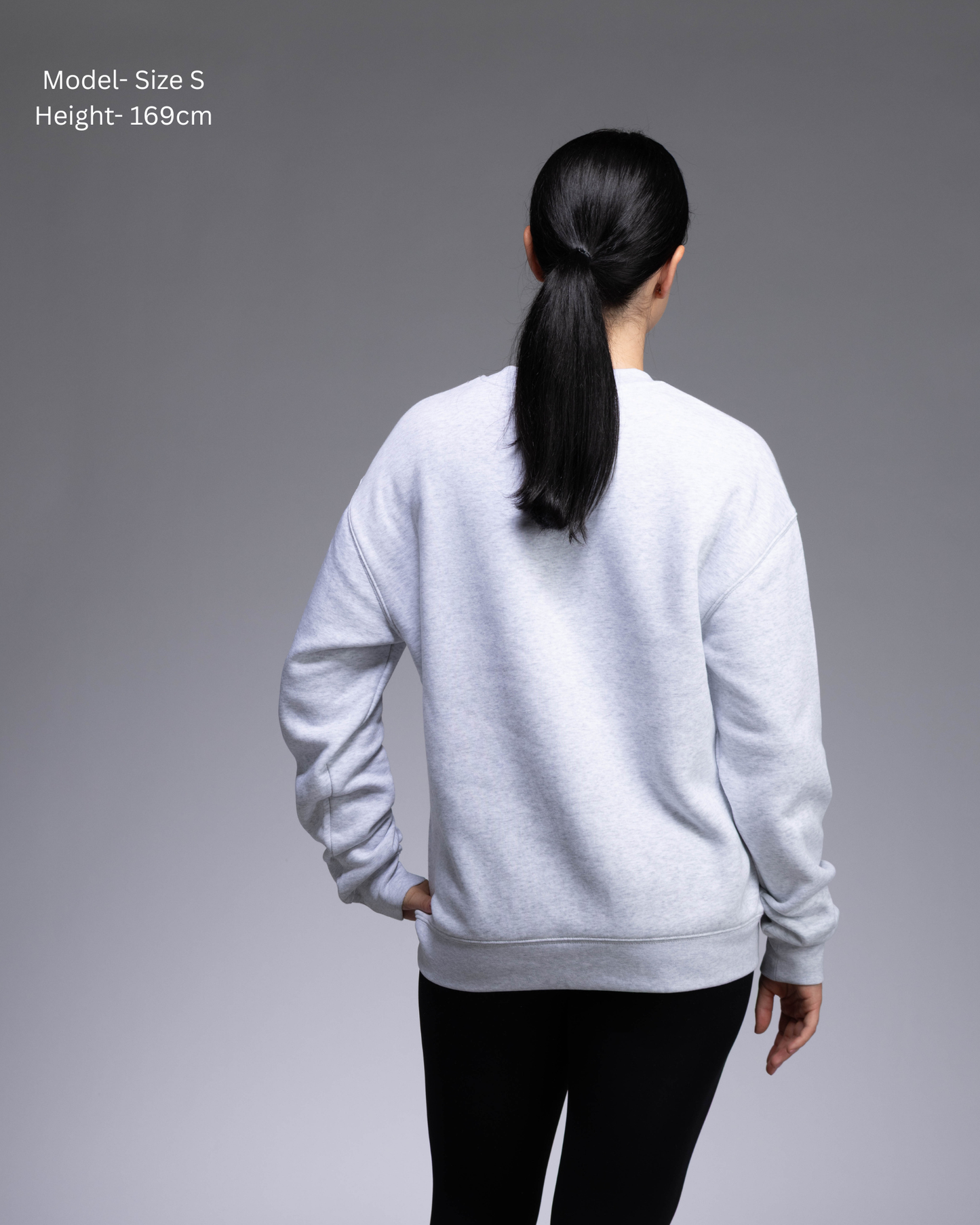 STRYD Performance Elite Unisex Crew in White Marle — 320 GSM fleece, relaxed drop-shoulder fit, ribbed cuffs, premium activewear Australia, Sunshine Coast QLD White Marle Colour Back view on female model shop now free shipping over $150
