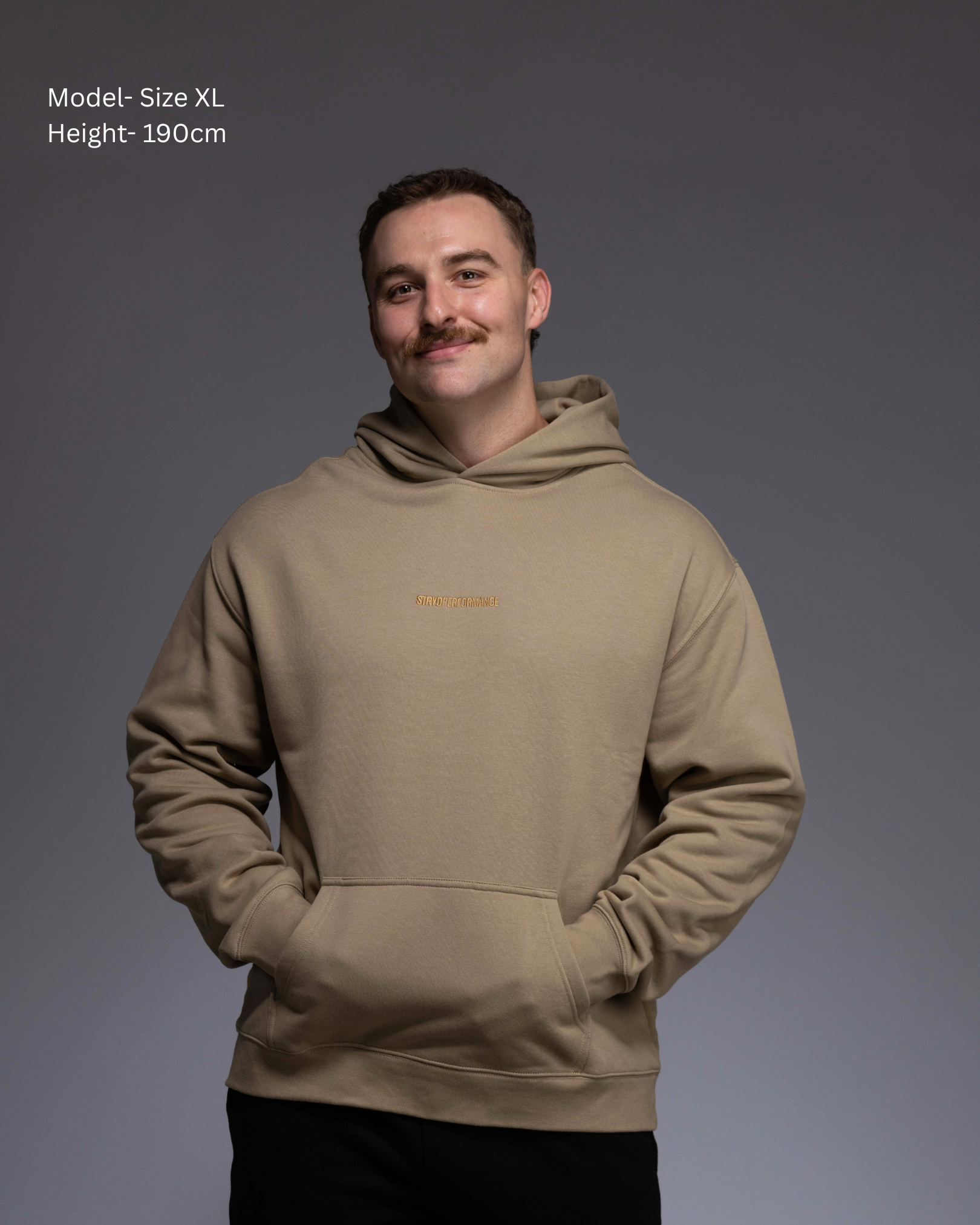 Premium Drop shoulder STRYD Performance Elite Unisex Hoodie in Sand — 320 GSM fleece, relaxed fit, drop-shoulder, ribbed cuffs, premium activewear Australia, Sunshine Coast activewear shop now free shipping over $150 Front View off Elite Hood