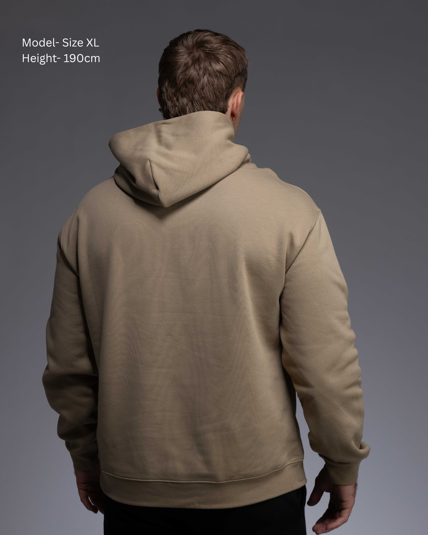 Premium Drop shoulder STRYD Performance Elite Unisex Hoodie in Sand — 320 GSM fleece, relaxed fit, drop-shoulder, ribbed cuffs, premium activewear Australia, Sunshine Coast activewear shop now free shipping over $150 Back View of Elite Hood male Model