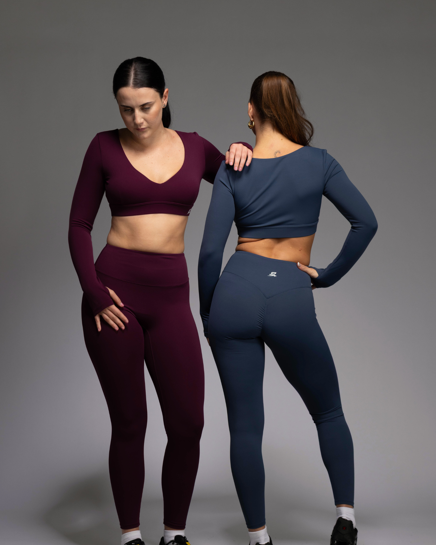 Haven Matching Set – women's high-waisted leggings with long sleeve crop top, Berry and Teal colourway | STRYD Performance Sunshine Coast Activewear
