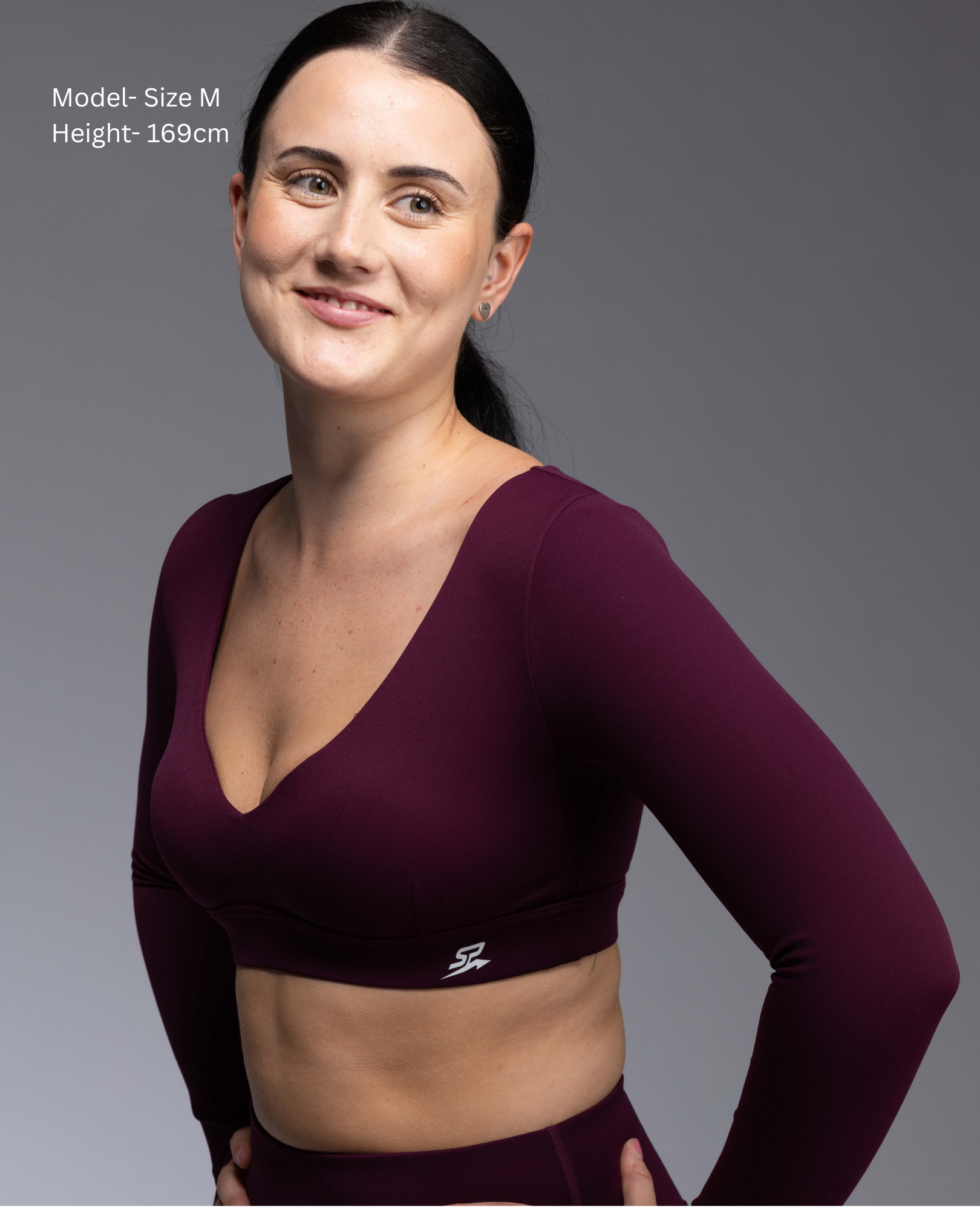 Haven Long Sleeve Crop Top – close-up detail of deep-V neckline and padded support | STRYD Performance
