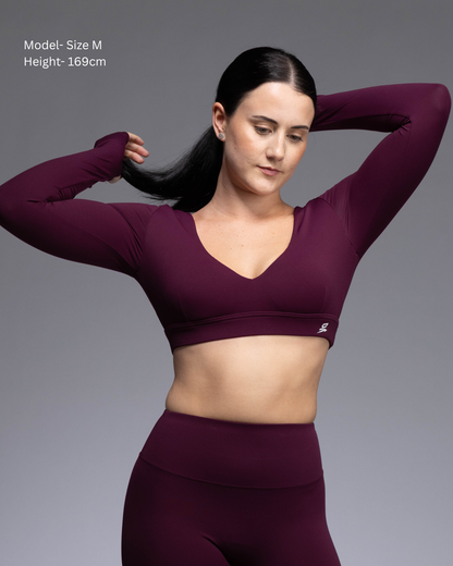 Haven women's training crop top – Berry colourway, thumbhole sleeves and second-skin fit | STRYD Performance
