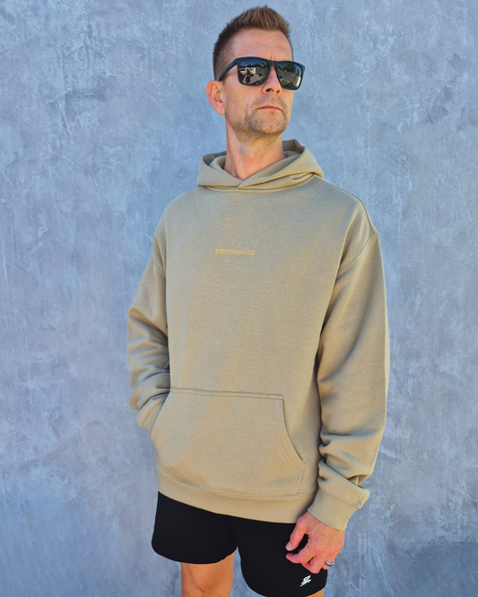 Premium Drop shoulder STRYD Performance Elite Unisex Hoodie in Sand — 320 GSM fleece, relaxed fit, drop-shoulder, ribbed cuffs, premium activewear Australia, Sunshine Coast activewear shop now free shipping over $140 Front View off Elite Hood