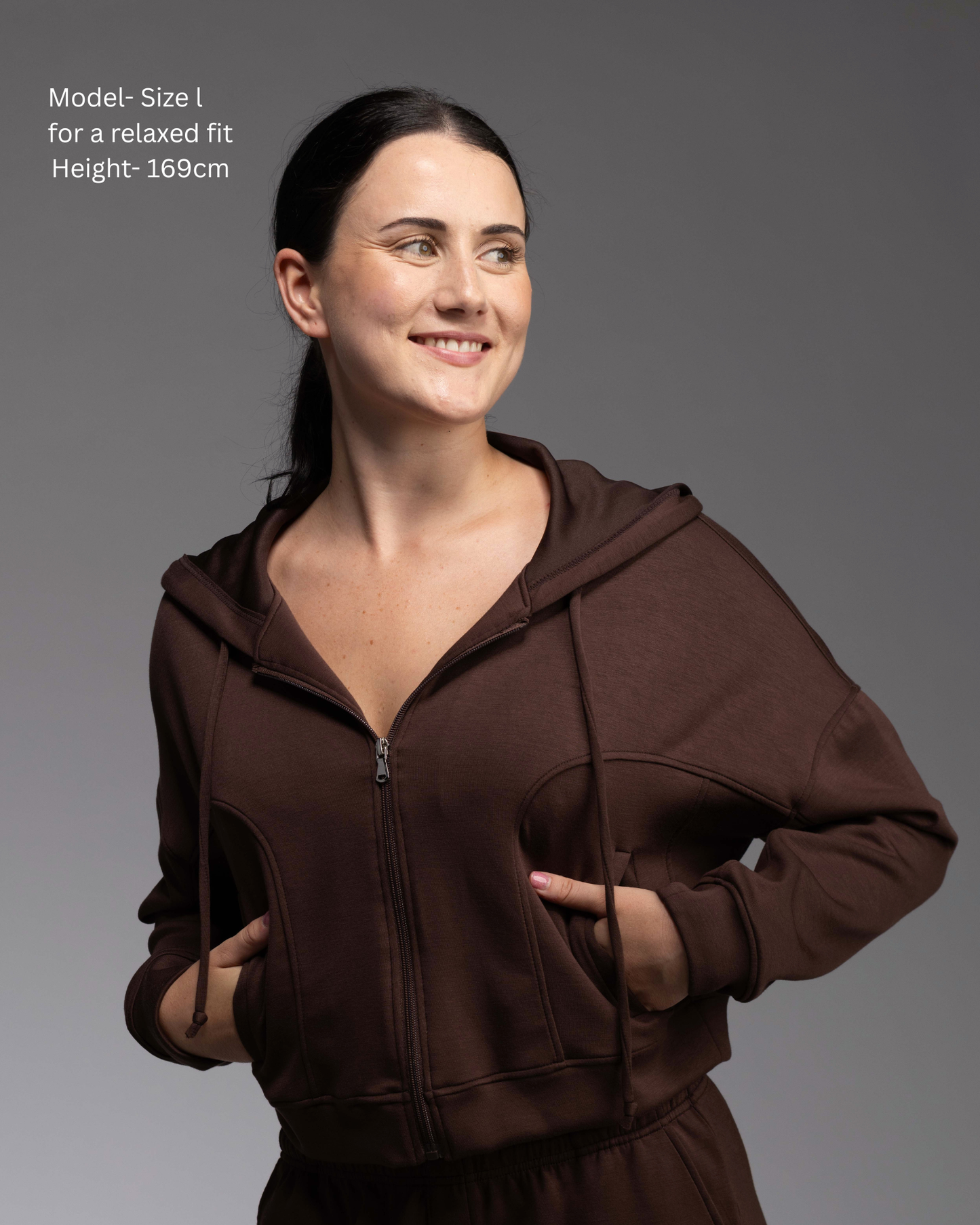 Soul Soft Series – women's cropped zip hoodie paired with wide-leg pant, Espresso colourway | STRYD Performance
