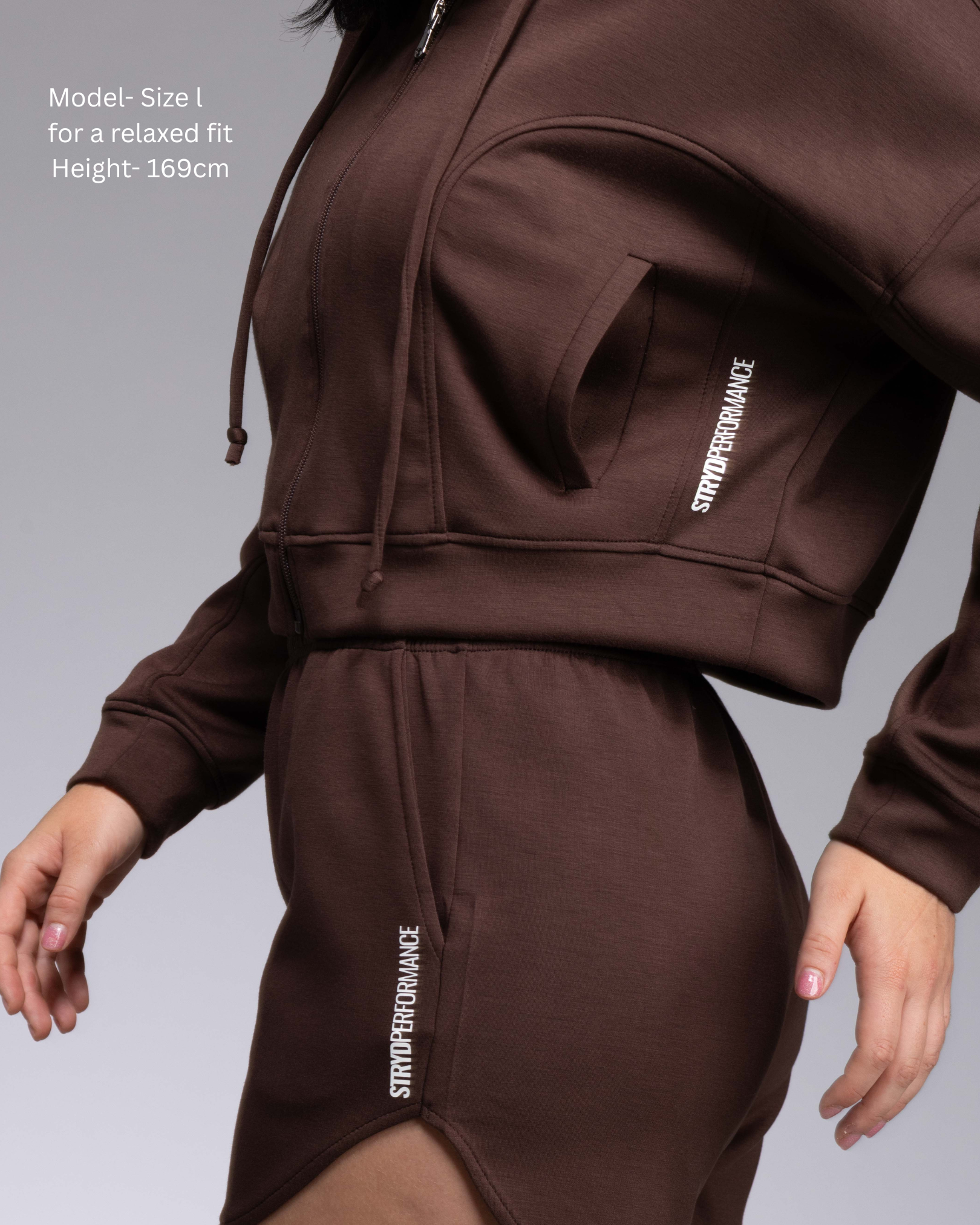 STRYD Performance Soul Soft curved hem shorts — Side view. Women's premium soft activewear and lounge wear shorts Australia. Espresso Colourway, Paired with the Soul Soft Cropped Hoodie