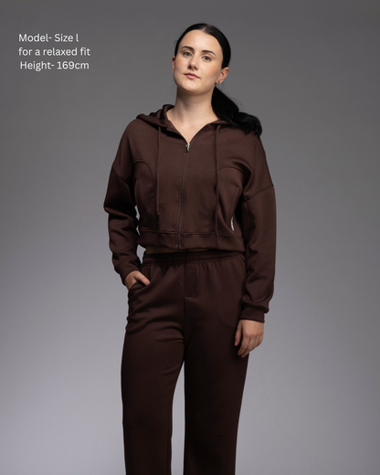 Soul Soft Series – women's cropped zip hoodie paired with wide-leg pant, Espresso colourway | STRYD Performance
