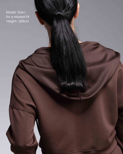Soul Soft Series – women's cropped zip hoodie back view with soft silky smooth  fabric Performance Espesso colour
