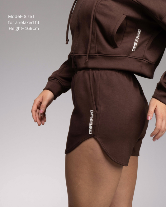 STRYD Performance Soul Soft curved hem shorts — Side view. Women's premium soft activewear and lounge wear shorts Australia. Espresso Colourway