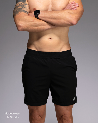 STRYD Performance Apex 5" training shorts in Black — front view. Men's lightweight training shorts Australia.