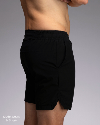 STRYD Performance Apex 5" training shorts in Black — side view. Men's premium gym shorts Sunshine Coast Australia.