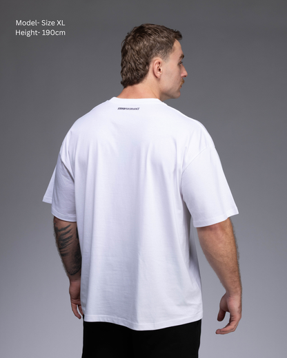 STRYD Performance I Like It Loose Block oversized unisex WHITE tee – Back view relaxed fit gym and street style t-shirt Male fitness model in Studio shot. shop sunshine coast performance activewear and gym fitness apparel