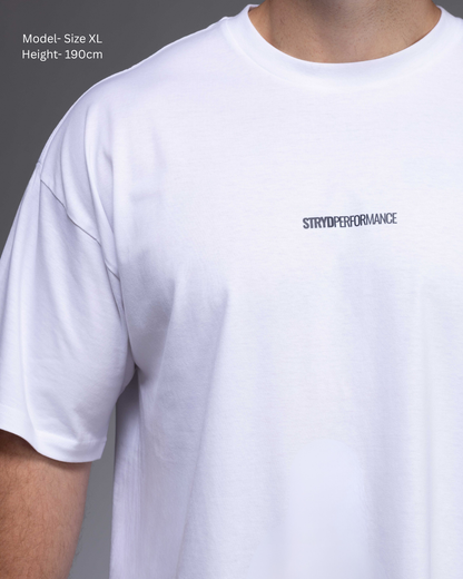 STRYD Performance I Like It Loose Block oversized unisex WHITE tee – Front detail view relaxed fit gym and street style t-shirt male fitness model in Studio photo. shop sunshine coast performance activewear and gym fitness apparel