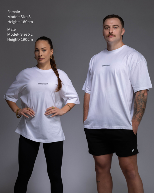 STRYD Performance I Like It Loose Block oversized unisex WHITE tee – relaxed fit gym and street style t-shirt Male and Female Studio shot shop sunshine coast performance activewear and gym fitness apparel