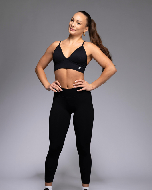 STRYD Performance Peaches scrunch leggings in Black — front view. Women's high-definition scrunch tights Australia.