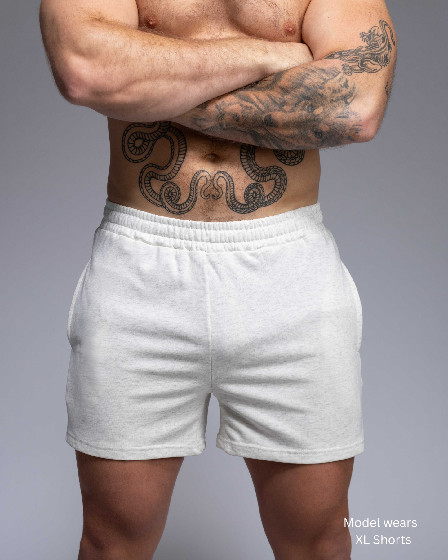 STRYD Performance Roam 5" track shorts in White Marle — front view. Unisex premium track shorts Sunshine Coast QLD Australia.