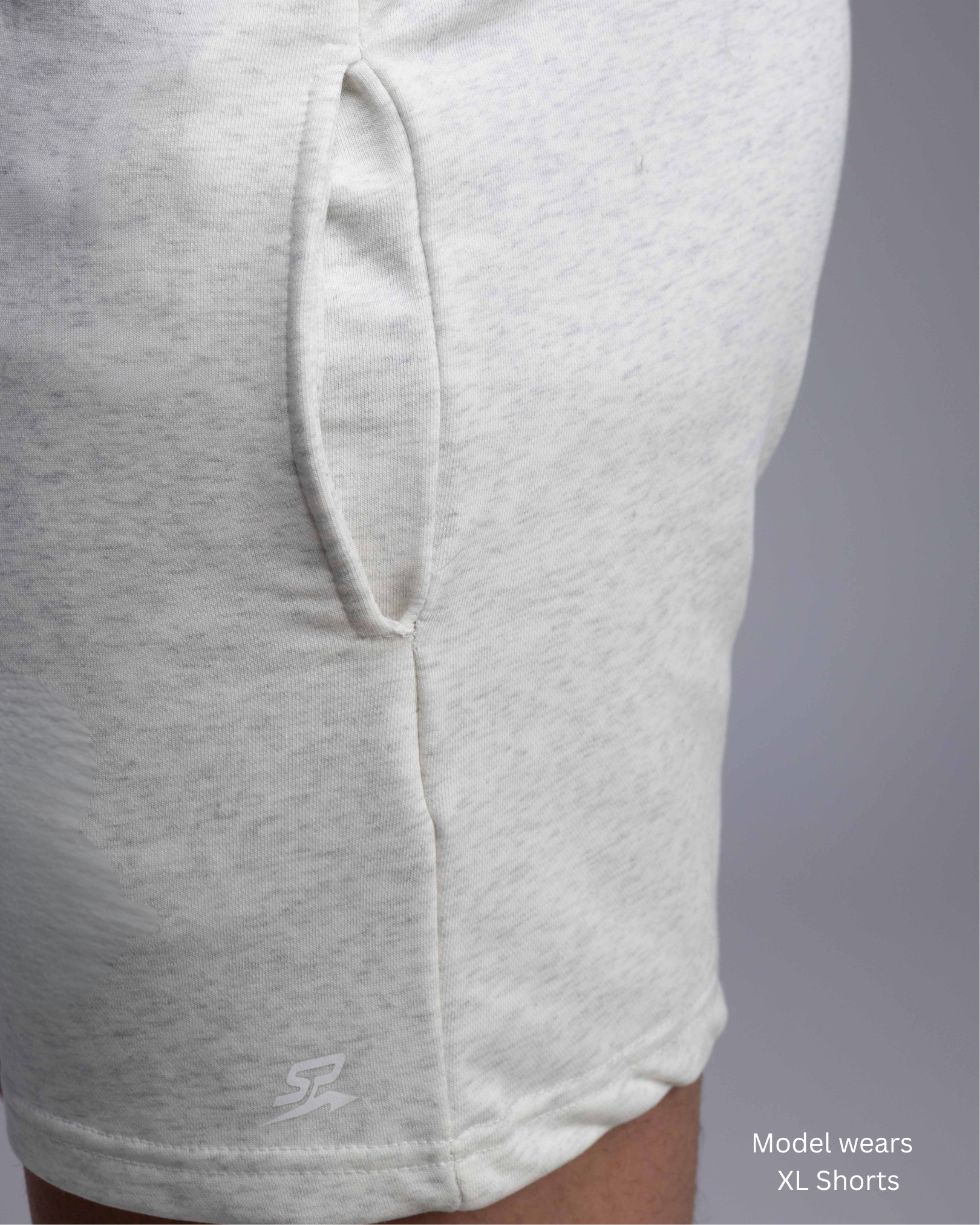 STRYD Performance Roam 5" track shorts in White Marle — side view. Unisex relaxed fit track shorts Sunshine Coast QLD Australia.