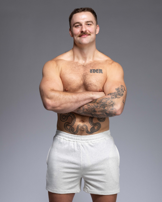 STRYD Performance Roam 5" track shorts in White Marle — front view. Unisex premium track shorts Sunshine Coast QLD Australia.