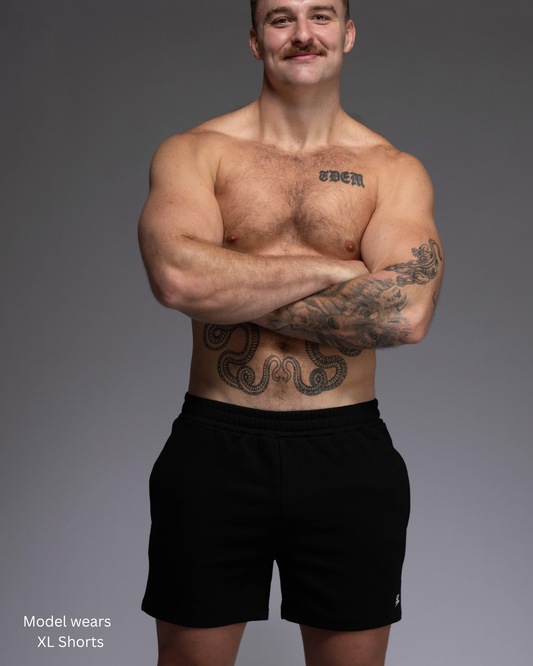 STRYD Performance Roam 5" track shorts in Black — front view. Unisex relaxed fit training shorts Sunshine Coast QLD Australia.
