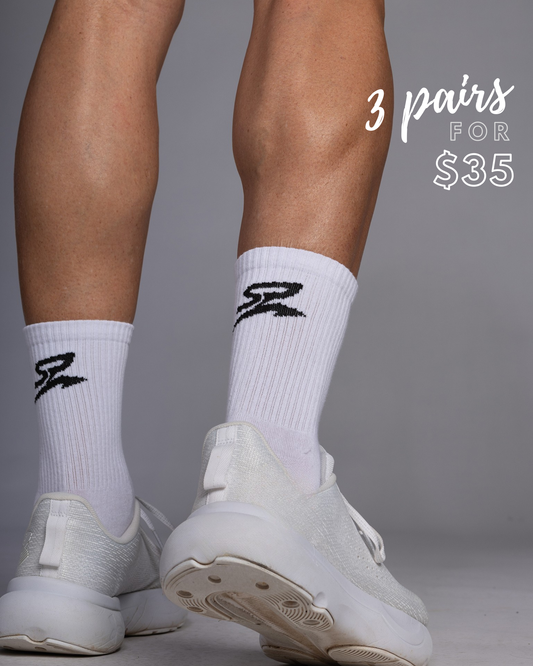 STRYD Performance crew socks in White — back view. Unisex premium performance socks Sunshine Coast QLD Australia.