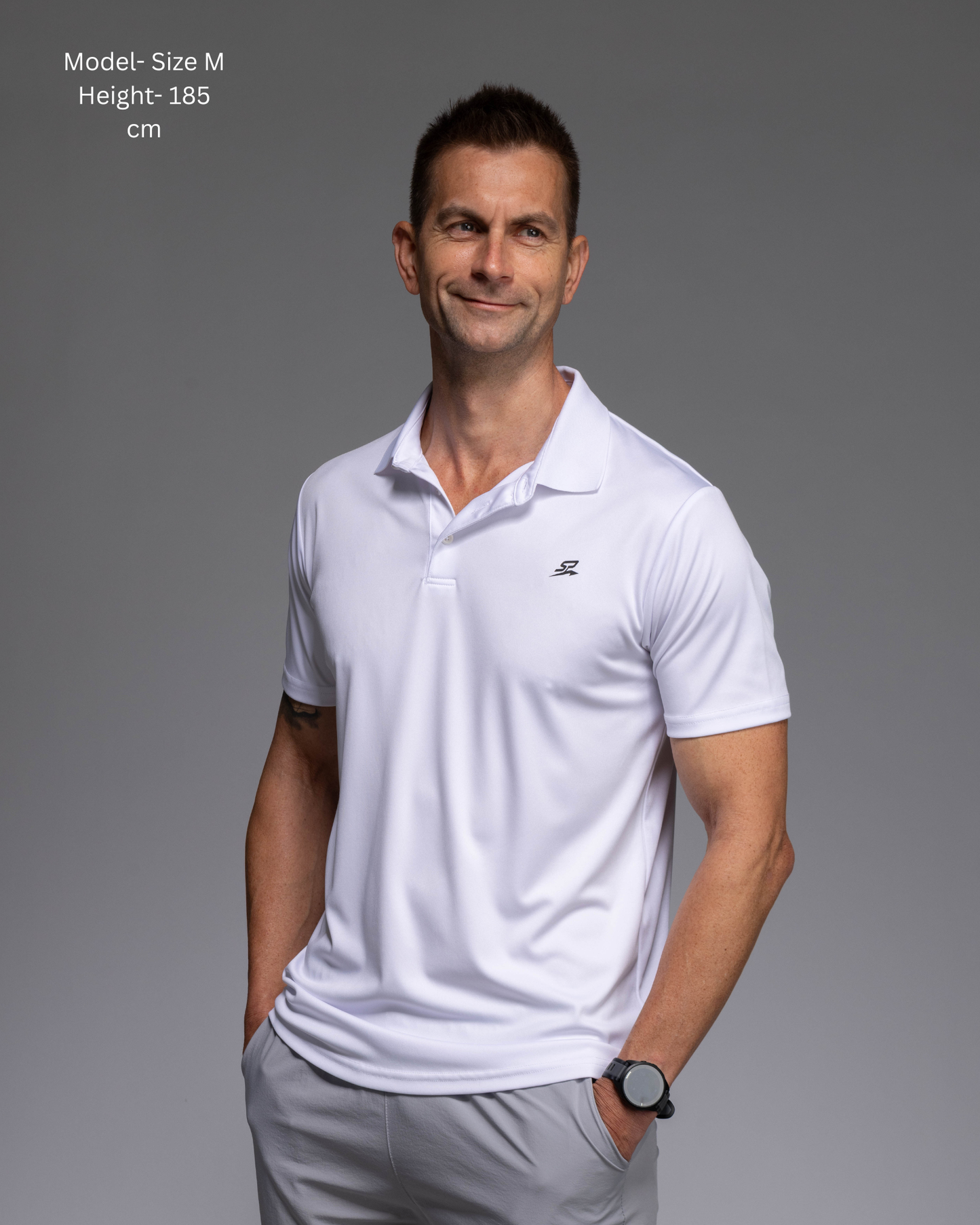 STRYD Performance Tee Off Performance Polo in White — front view. Men's premium sweat-wicking sports polo Australia.
