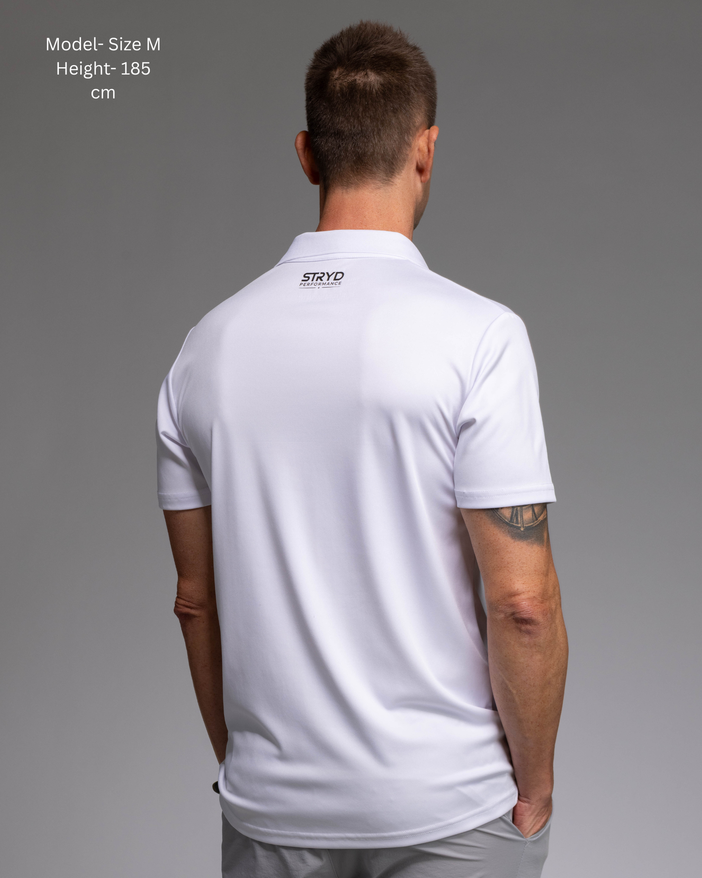 STRYD Performance Tee Off Performance Polo in White — back view. Men's premium golf and training polo Australia.
