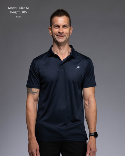 STRYD Performance Tee Off Performance Polo in Navy — back view, STRYD Performance logo. Men's premium active tennis polo Australia.
