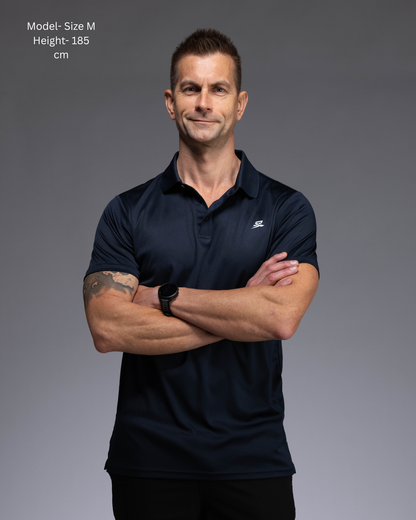 STRYD Performance Tee Off Performance Polo in Deep Navy — front view. Men's premium golf and training polo Australia.

