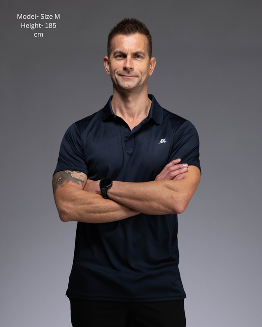STRYD Performance Tee Off Performance Polo in Deep Navy — front view. Men's premium golf and training polo Australia.
