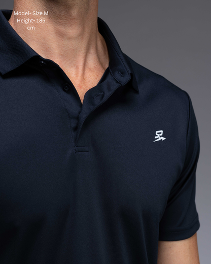 STRYD Performance Tee Off Performance Polo in Navy front detail view, STRYD Performance logo. Men's premium active tennis polo Australia.
