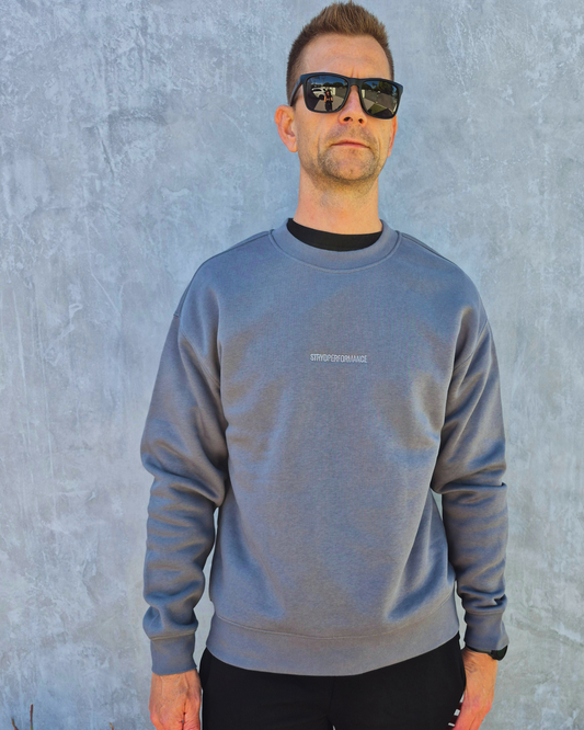 STRYD Performance Elite Unisex Crew in Slate — 320 GSM fleece, relaxed drop-shoulder fit, ribbed cuffs, premium activewear Australia, Sunshine Coast QLD Slate Colour Front view shop now free shipping over $140
