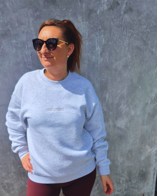 STRYD Performance Elite Unisex Crew Sweater in White Marle — front view, relaxed drop-shoulder silhouette | Premium 320GSM fleece gym wear Australia, Sunshine Coast 
activewear and gym wear Queensland, fast shipping within 24hrs of order and free shipping when you spend $140 AUD, Tracksuit pants, athleisure winter sets, premium apparel

