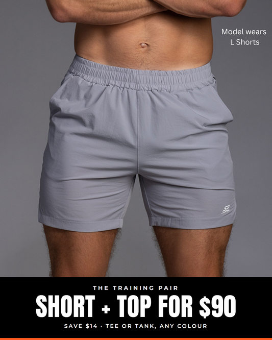APEX 5 inch training shorts in Light Grey, front view. Text: The Training Pair, short and top for $90, save $14, tee or tank in any colour.
