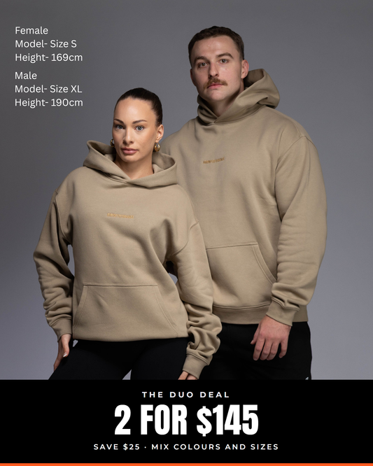 Man and woman in matching Sand Elite hoodies. Text: The Duo Deal, 2 for $145, save $25, mix colours and sizes.