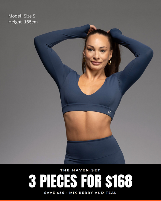 HAVEN deep-V long-sleeve crop in Teal, front view. Text: The HAVEN Set, 3 pieces for $168, save $36, mix Berry and Teal.